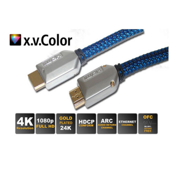 Cable HDMI conector HDMI A cromado a HDMI A cromado Conector met&aacute;lico atornillado chapados en oro Full HD ULTRA HD 3D HEAC cubierta de algod&oacute;n negro/azul  5m