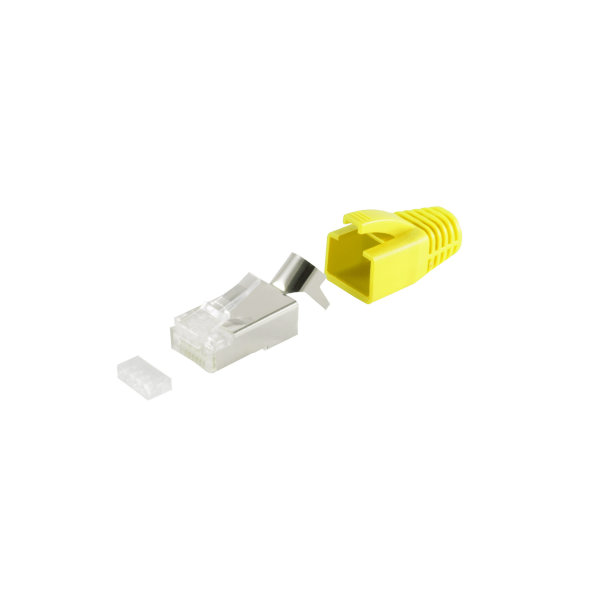 Conector de red RJ45 KIT para cable de instalaci&oacute;n hasta AWG 23 con descarga de tensi&oacute;n ayuda de inserci&oacute;n y funda amarilla (100 unidades)
