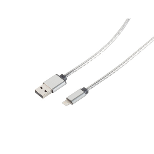 Cable de carga y sincronizaci&oacute;n de dise&ntilde;o conector USB A a 8-pin cubierta de metal (acero) plata 1,2m
