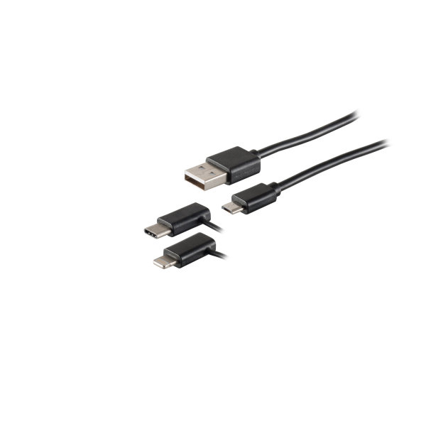 Cable USB de carga y sincronizaci&oacute;n 3en1 conector tipo A macho a micro macho B + USB tipo C + 8-pines negro 1m