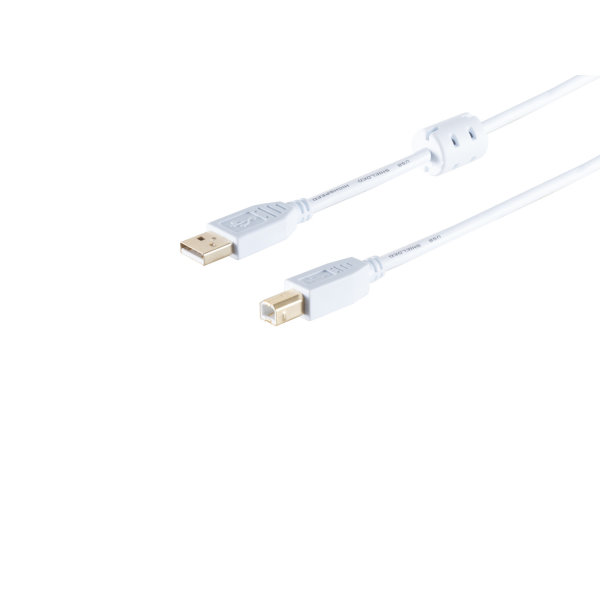Cable USB conector tipo A a tipo B con ferrit HIGH SPEED contactos chapados en oro USB 2.0 blanco 3m
