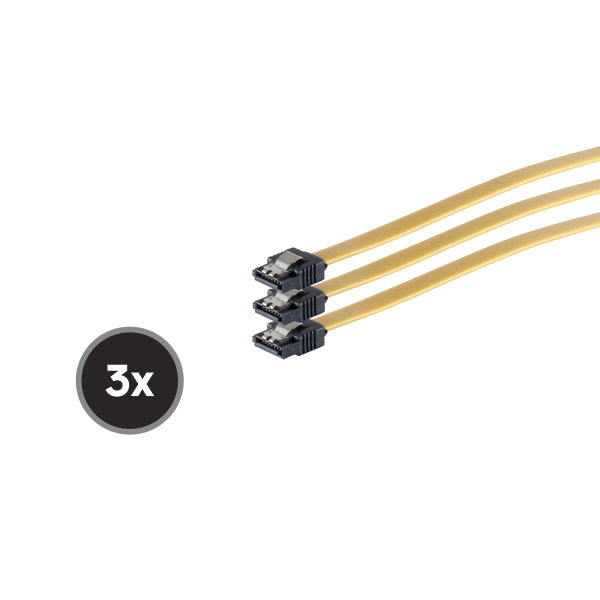 Cable de conexi&oacute;n SATA-III 3/ 6Gps. conector macho a macho con cierre met&aacute;lico amarillo KIT 3 unidades 0,5m