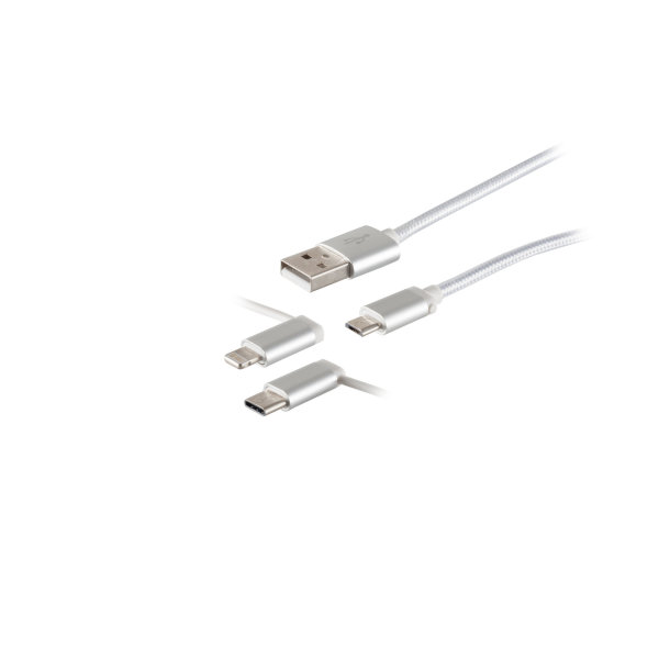 Cable cargador 3en1 USB A a USB micro B + USB C + 8 Pin nylon blanco 1m