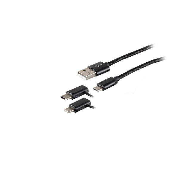 Cable cargador 3en1 USB A a USB micro B + USB C + 8 Pin nylon negro 1m