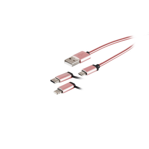 Cable cargador 3en1 USB A a USB micro B + USB C + 8 Pin aluminio rosado 1m